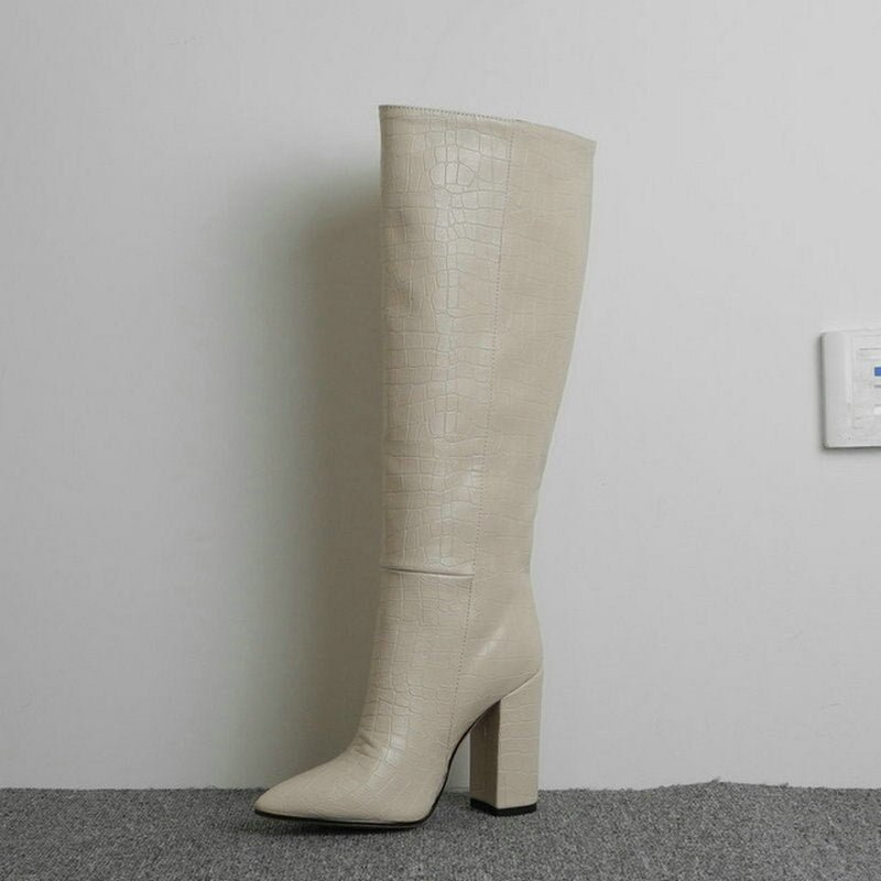 Band Designer Faux Leather Women Knee High Boots Pointed Toe Boots Women Long Chunky Block High Heel Boots Black Apricot Brown