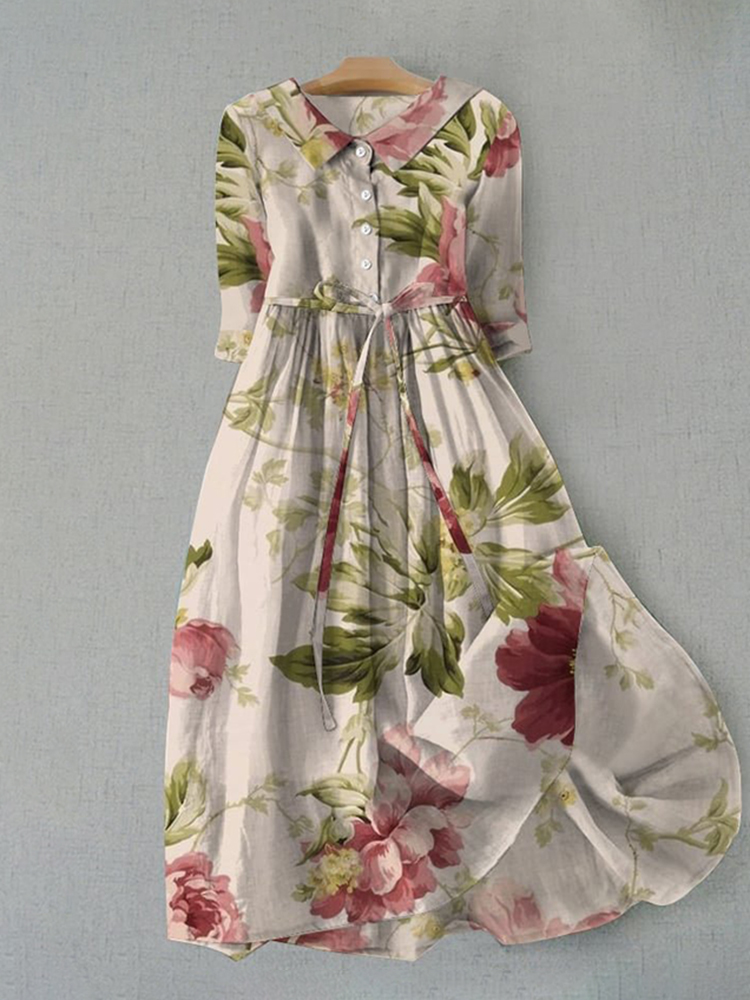 Comstylish Women's Vintage Botanical Floral Design Print Lace-Up Dress