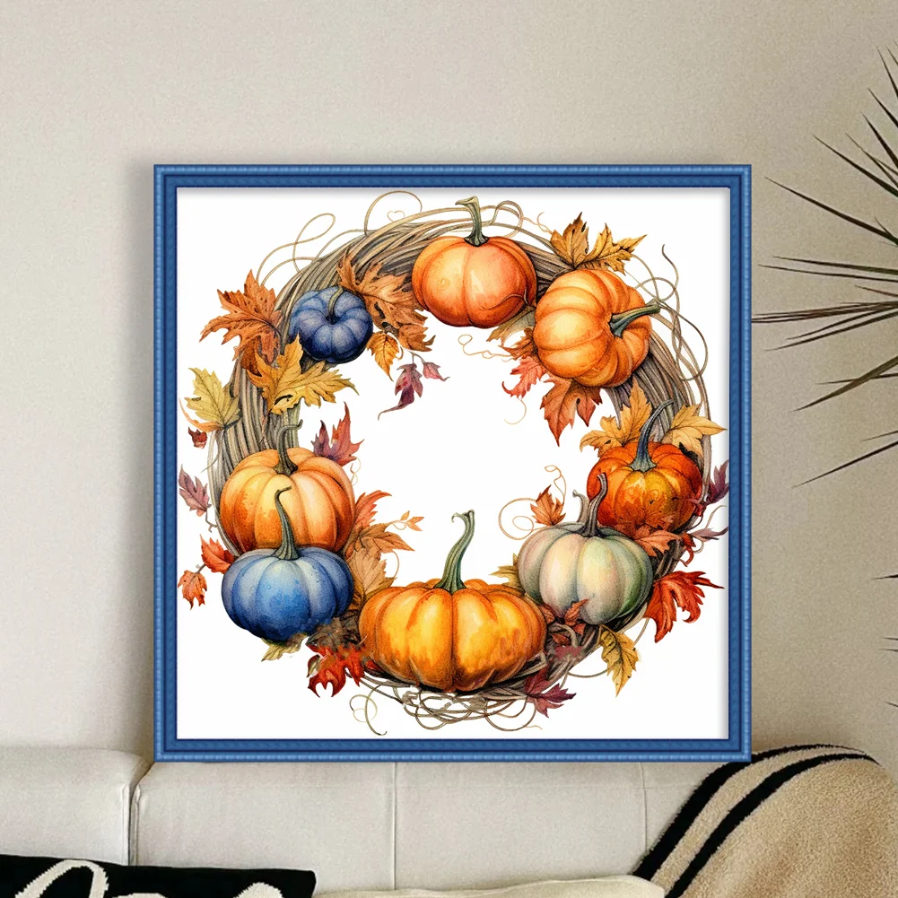 DIY Stamped Cross Stitch 11CT Full Embroidery 40*40cm - Fall Pumpkin Wreath