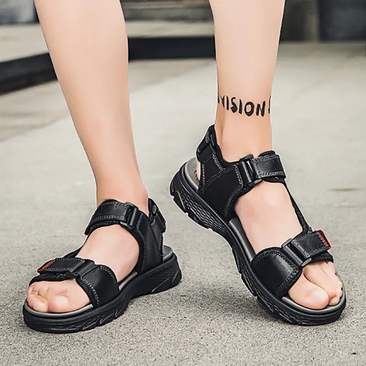 Hook And Loop Faux Leather Beach Casual Sandals
