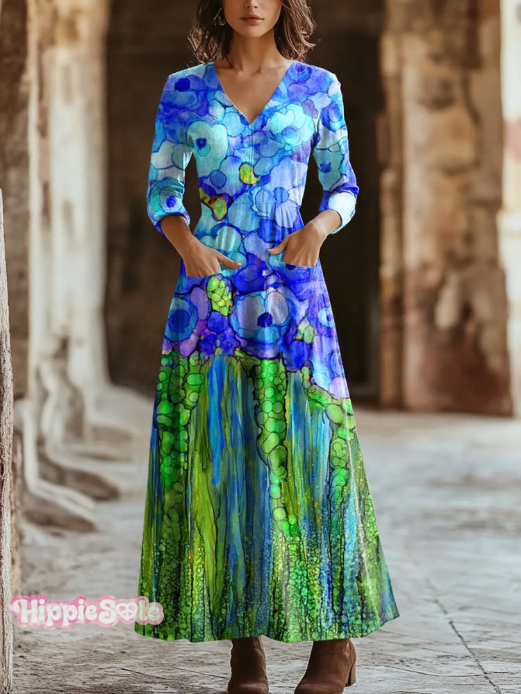Women’s Vintage Floral Art Print Pocket Cotton Dress Multicolor / S