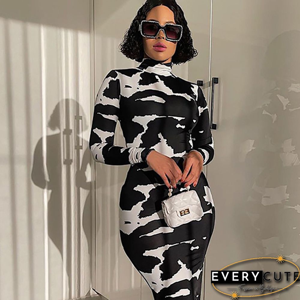 Womens Fashion Autumn Long-Sleeve Printed Bodycon Pencil Dress Streetwear Fall Clothes