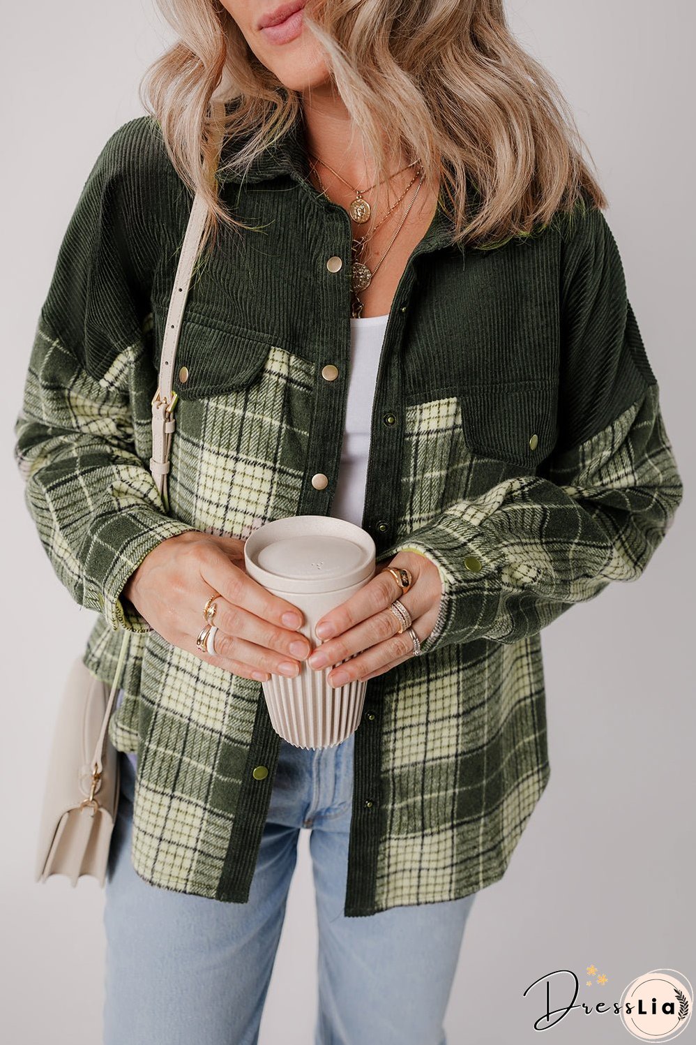 Green Plaid Corduroy Jacket with Pockets