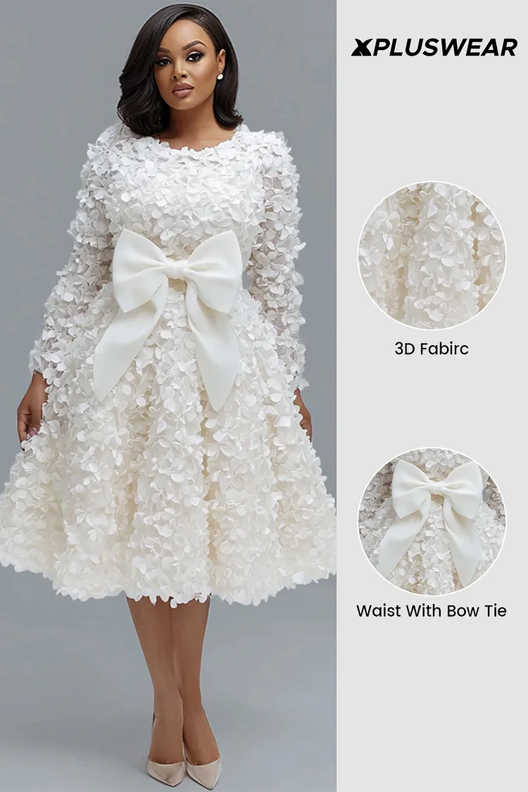 Xpluswear Design Plus Size Wedding White Round Neck Long Sleeve Bow Tie Elegant 3D Midi Dresses [Pre-Order]