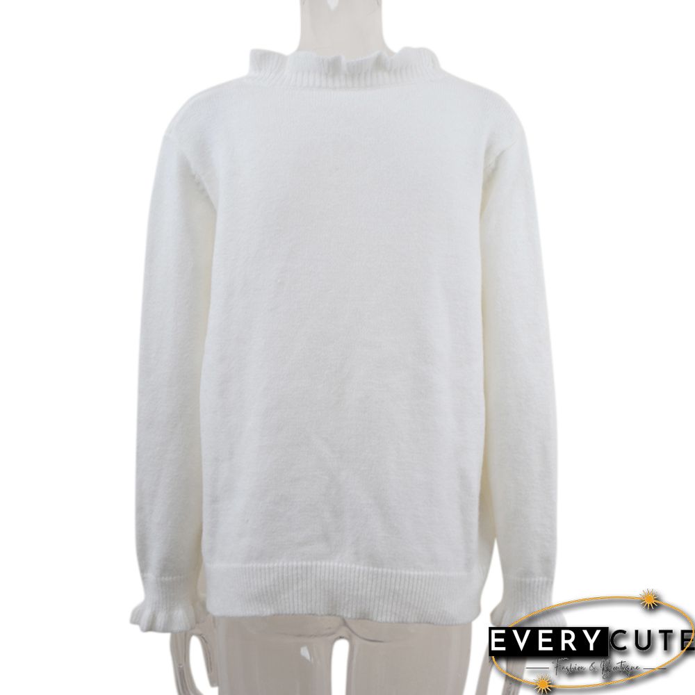 White Frilled V Neck Button Knitted Sweater