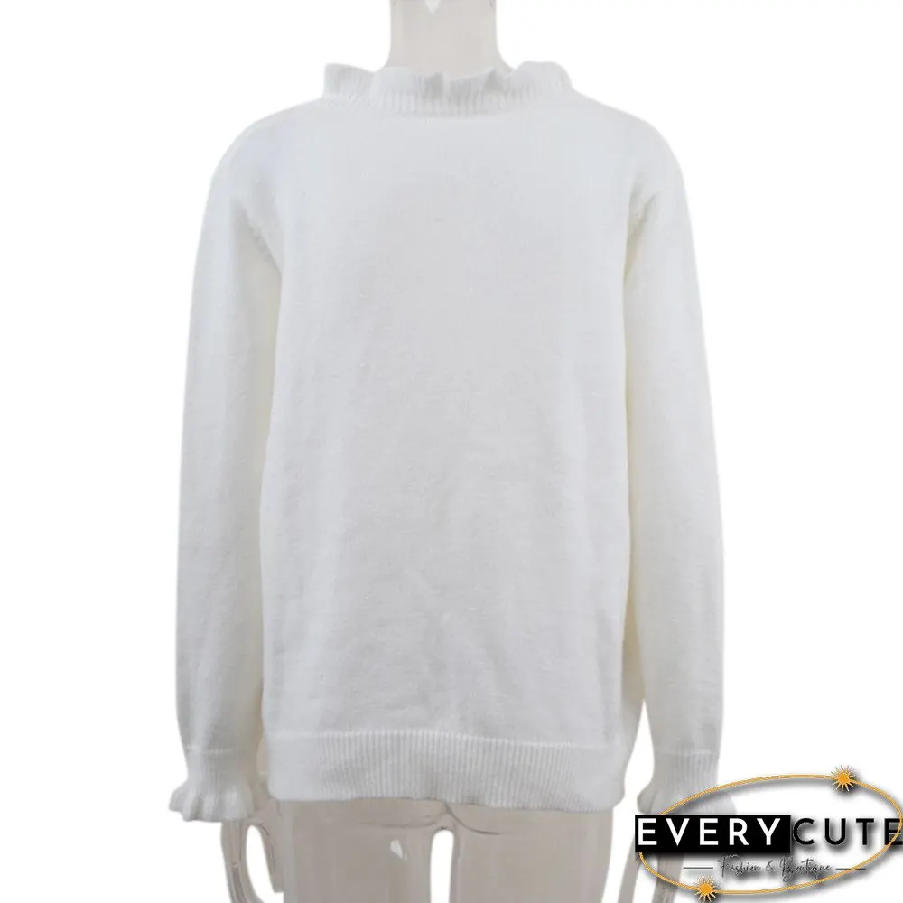 White Frilled V Neck Button Knitted Sweater