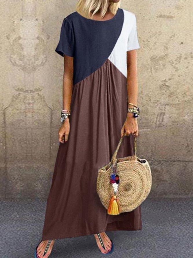 Crew Neck Brown Women  Shift Beach Cotton-Blend Shift Color-block,Leather-paneled Dresses Zaesvini