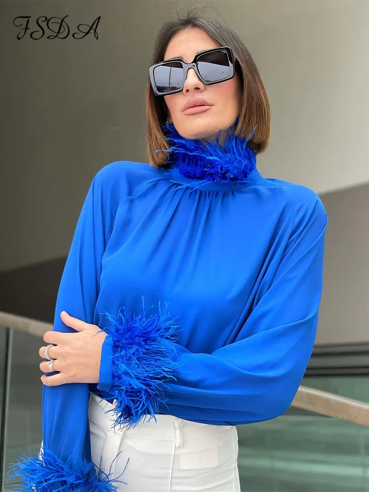 2022 Autumn Winter Feather Long Sleeve Blouse Shirt Women Green Elegant Office Lady Top Shirts Casual Fashion Black