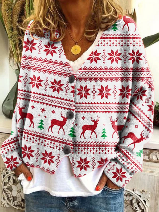 Women's Christmas Printed Loose Flannel Cardigan