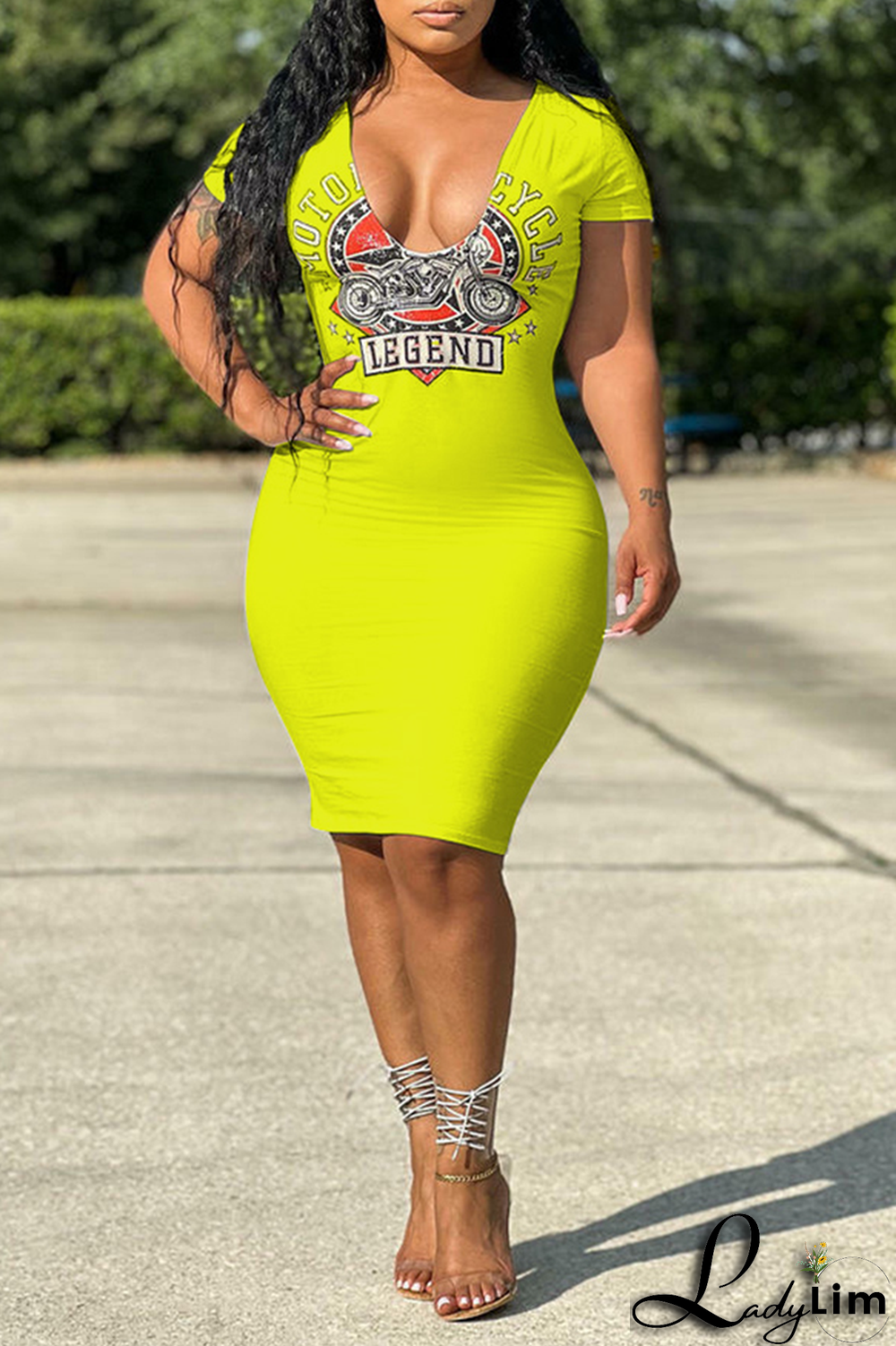 Tangerine Red Fashion Print Patchwork V Neck Pencil Skirt Dresses