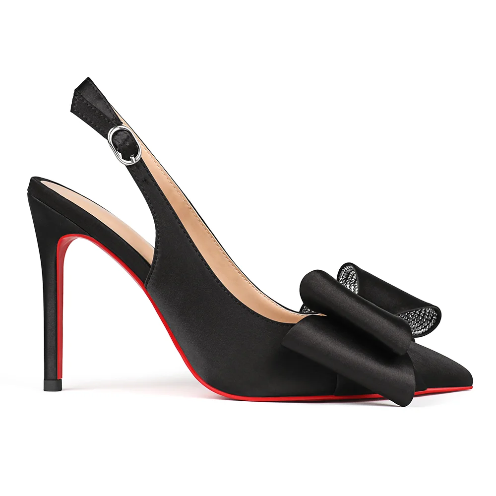 100mm Women's Red Bottom Diamonds Bows Slingback Sandals Design Heels Pointed Toe Stiletto Shoes -MERUMOTE