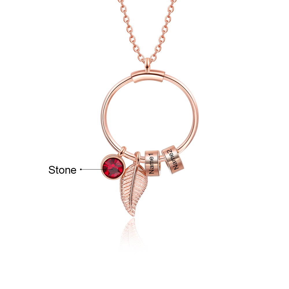 Collana con ciondolo foglia e cerchio 2 nomi e 2 pietre di nascita personalizzati regalo per donna