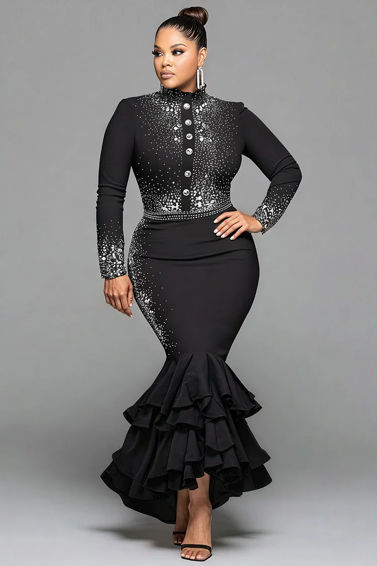 Xpluswear Design Plus Size Business Casual Black Mock Neck Long Sleeve Mermaid Elegant Drilling Two Piece Skirt Sets 2024 - Xpluswear