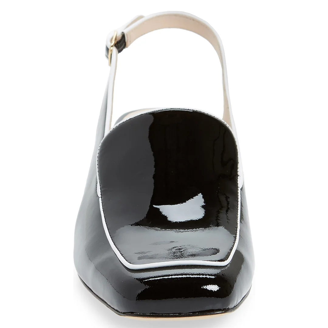 Shiny Black Patent Leather Block Heel Slingback Formal Loafers 