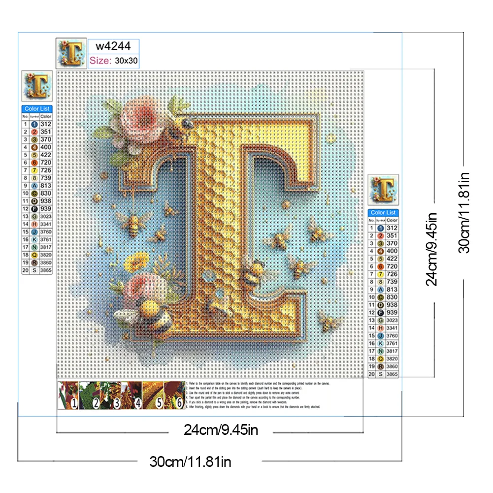 Full Round Diamond Painting 30*30cm - Bee Letter T