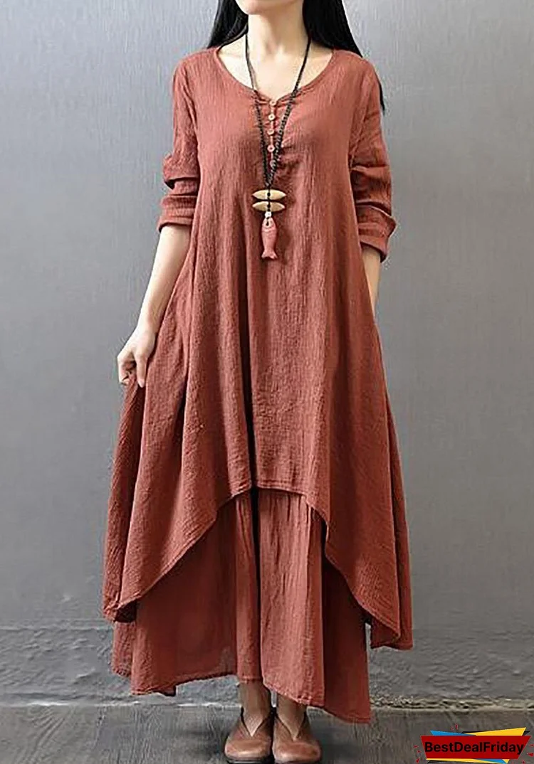 Vintage Women Long Sleeve V-Neck Irregular Maxi Dresses