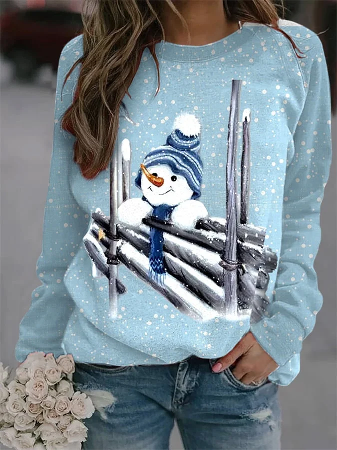 Women's Christmas Snowman Print Casual Crew Neck Sweatshirt-mysite