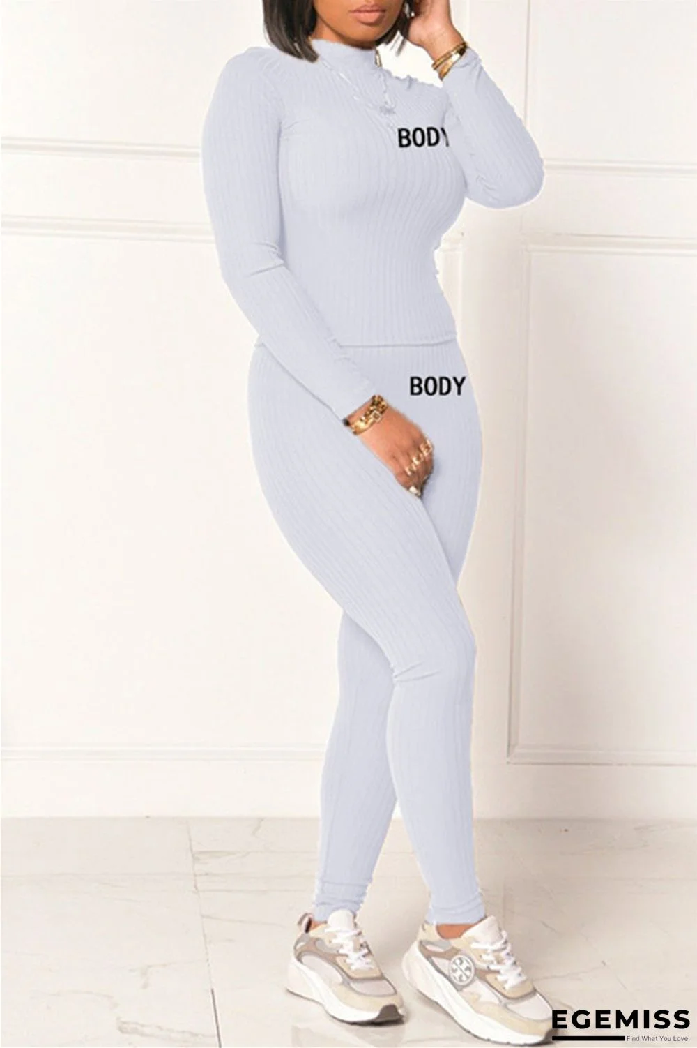 White Fashion Casual Letter Print Basic Half A Turtleneck Long Sleeve Two Pieces | EGEMISS