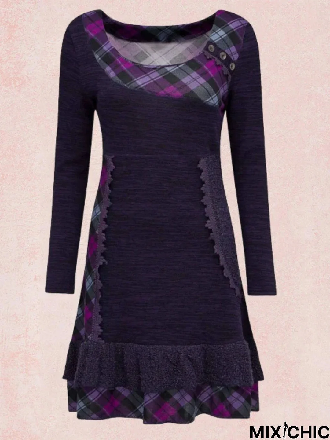 Purple Long Sleeve Crew Neck Ruffled Knitting Dress