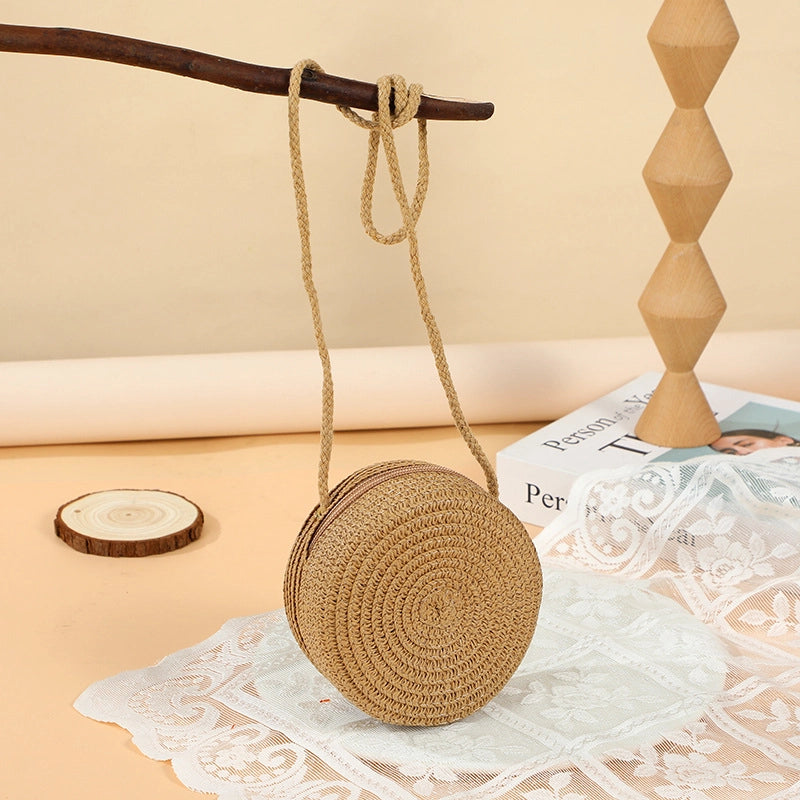 Girl’S Straw Solid Color Cute Round Zipper Shoulder Bag