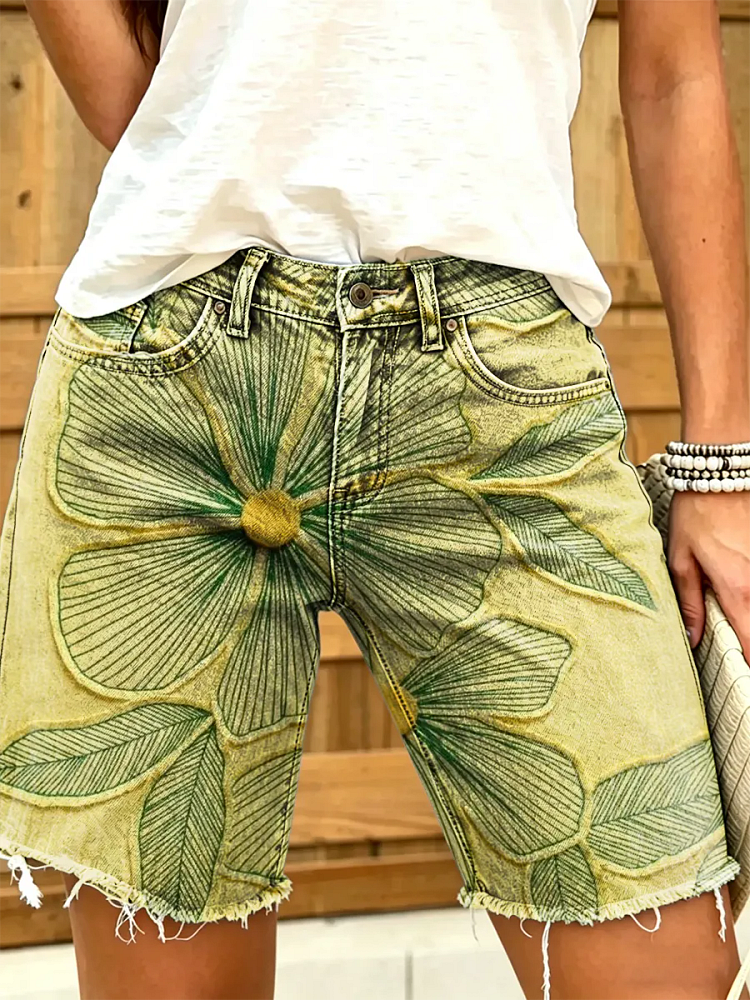 Women's Textured Floral Art Print Raw-Hem Denim Bermuda Shorts