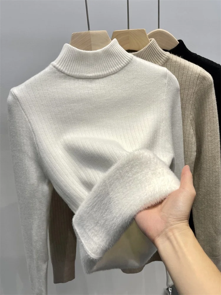 Uveng Warm Sweater Pullover Women Slim Thicken Plush Velvet Lined Knitwear Jumper Korean Half Turtleneck Poleras Soft Knit Tops