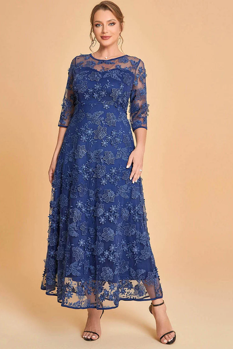 Flycurvy Plus Size Mother Of The Bride Blue Lace Stereo Petal See-Through Maxi Dress  Flycurvy [product_label]