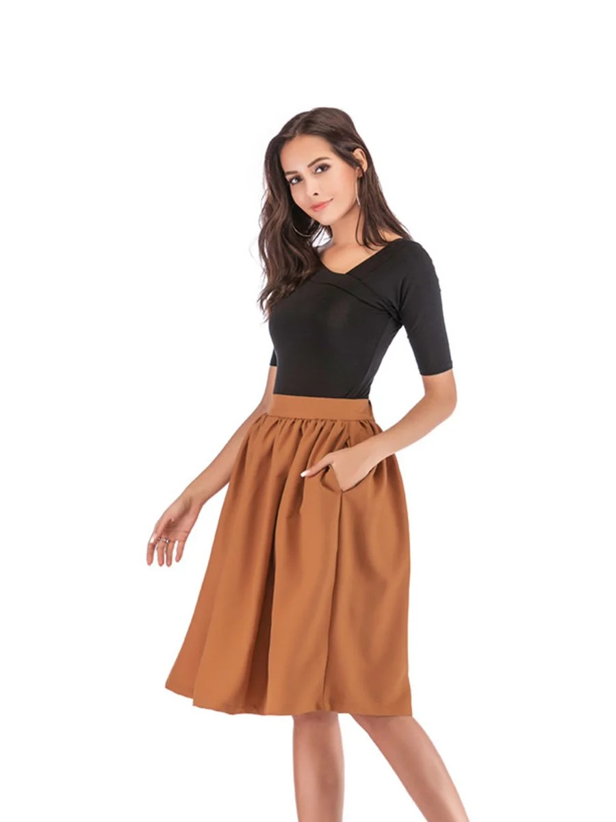 Vintage Skirt Solid Color High Waist Pleated Pockets Skirt