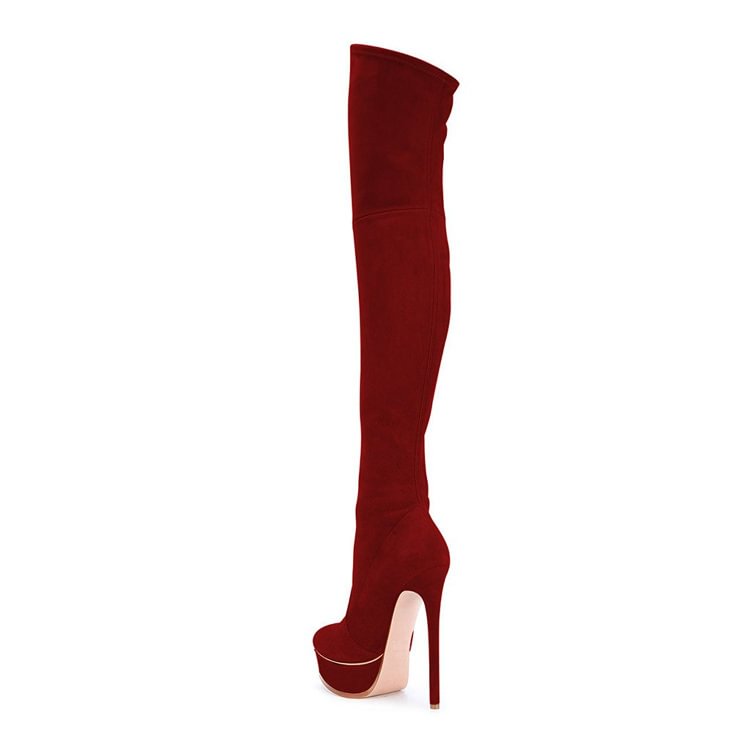 Fashion Maroon Almond Toe Platform Heels Long Suede Stiletto Boots |FSJ Shoes