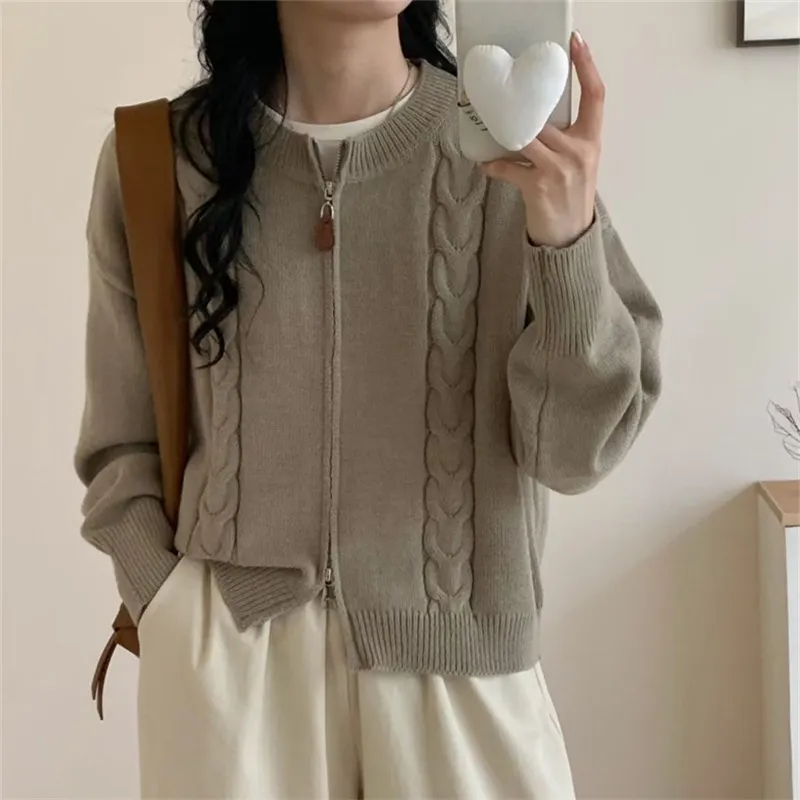 Churchf Churchf Coat Double Zipper Knit Cardigan Female Fall 2024 Design Sense Casual Loose Round Neck Sweater Top