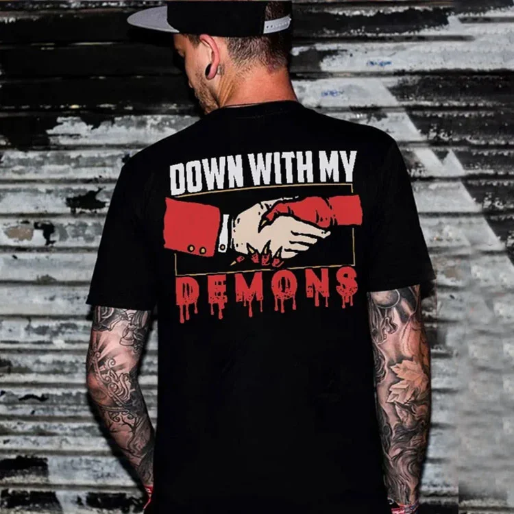 DOWN WITH MY DEMONS Shake Hands Casual Graphic Black Print T-shirt