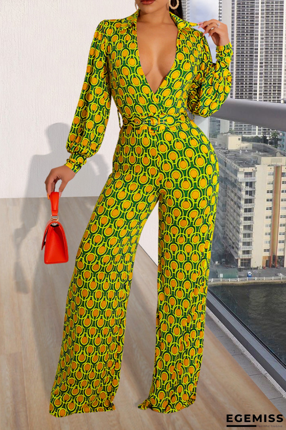 Yellow Fashion Print Patchwork V Neck Boot Cut Jumpsuits | EGEMISS
