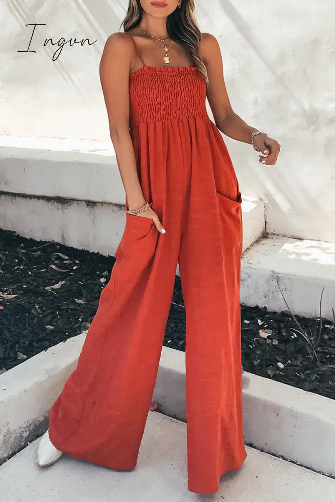 Ingvn - Fashion Living Solid Pocket Spaghetti Strap Loose Jumpsuits(5 Colors) Red / S Jumpsuits &