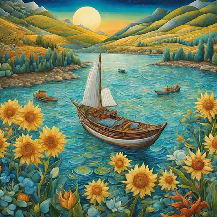 Sunflowers And Boats 30*30CM (Canvas) Full Round Drill Diamond Painting gbfke