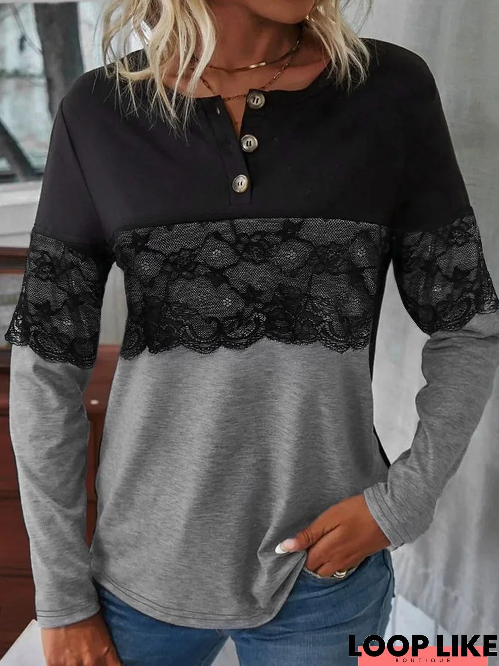 Casual Lace Long Sleeve V Neck T-shirt