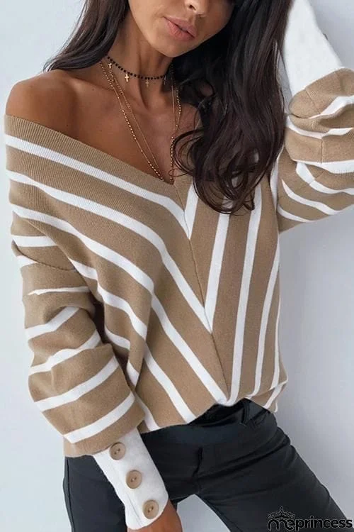 Button Stripe V Neck T Shirt