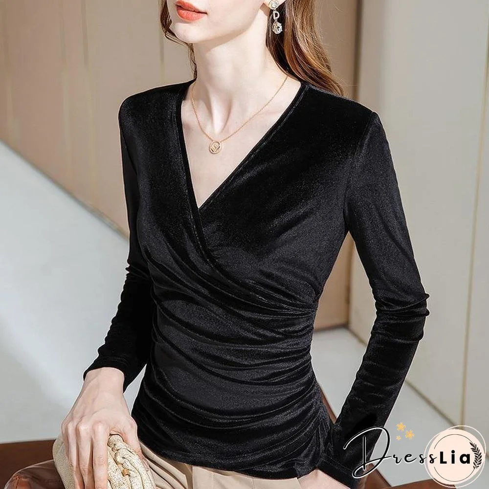 Spring Autumn Women Tshirts Cross V-neck Long Sleeve Solid color Vintage Plus Size 3XL Tops Fall Womens Clothing Fashion