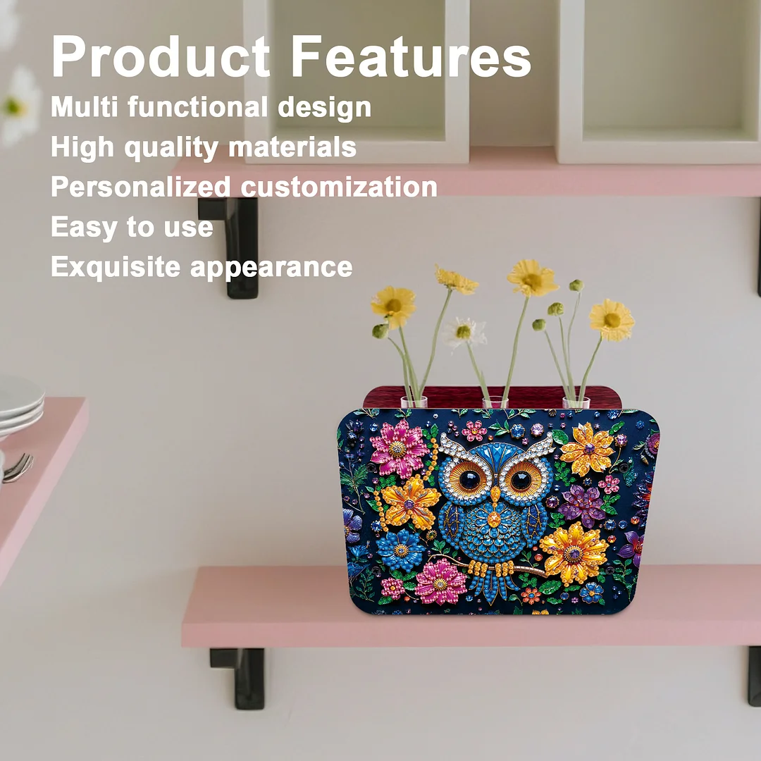 Owl DIY Flower Vase Wooden Double Sided Desktop Diamond Art Kit for Home Decor