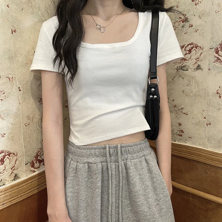 Brownm Brownm Short T-Shirt Female Solid Color 2024 New High Waist Slim Show Thin Hot Girl All-Match Short-Sleeved Square Collar Top Tide