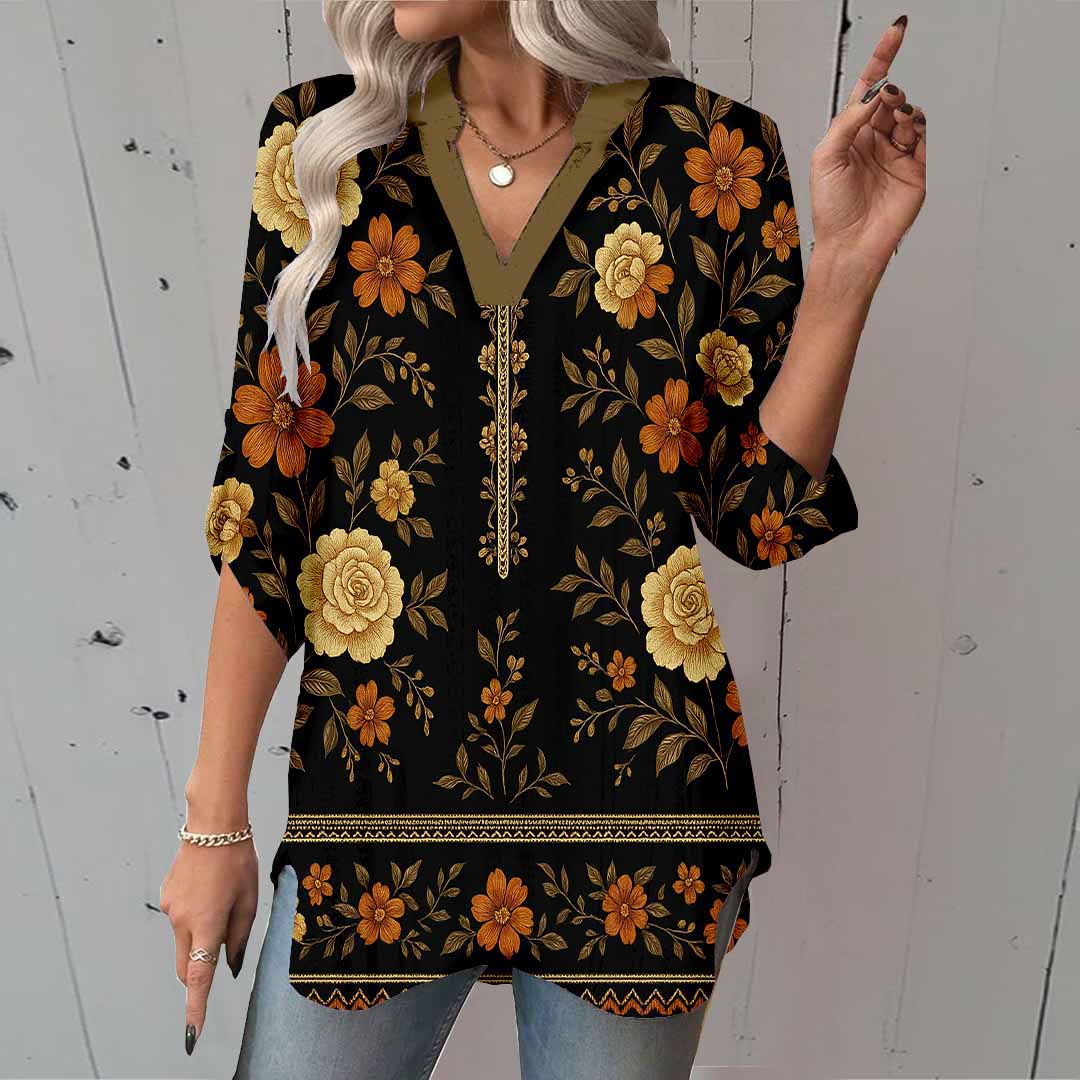 Women Floral,Orange,Black DZGA0310 3/4 Sleeve V-neck Printed Graphic Button Tops