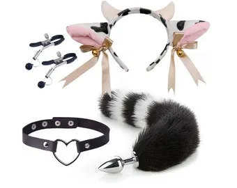 pornhint Pornhint Cow pet play set, Cow tail and ears set, Heart choker collar, Nipple clamp, Tail buttplug, Tail buttplugs with ears, bdsm, ddlg