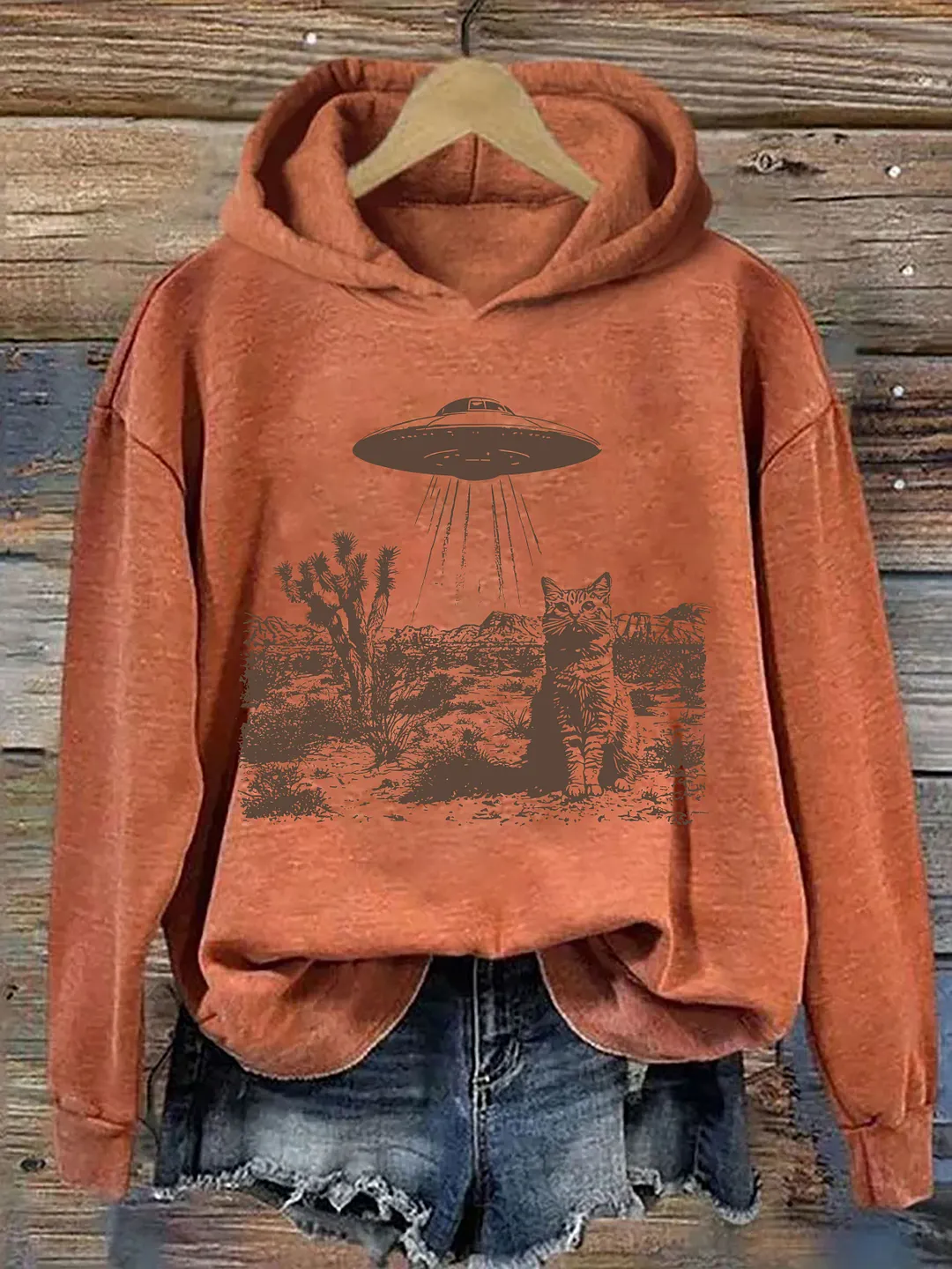 Vintage UFO Cowboy Cat Hoodie
