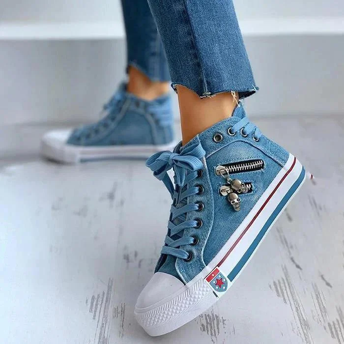 Women's Denim High-Top Back Lace-p Design Canvas Sneakers Shoes