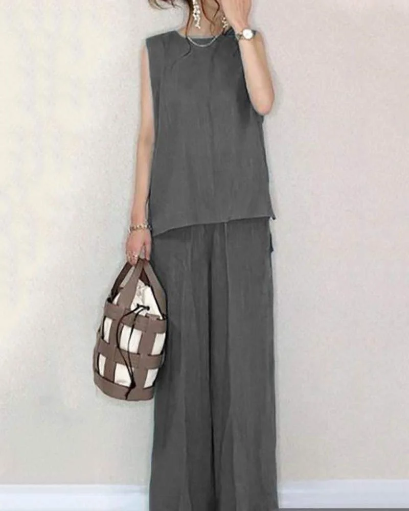 Two-Piece Set of Sleeveless Tank Top & Wide Leg Pants
