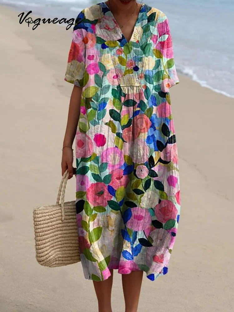 Colorful Spring Floral Garden Printed Women's Casual Cotton And Linen