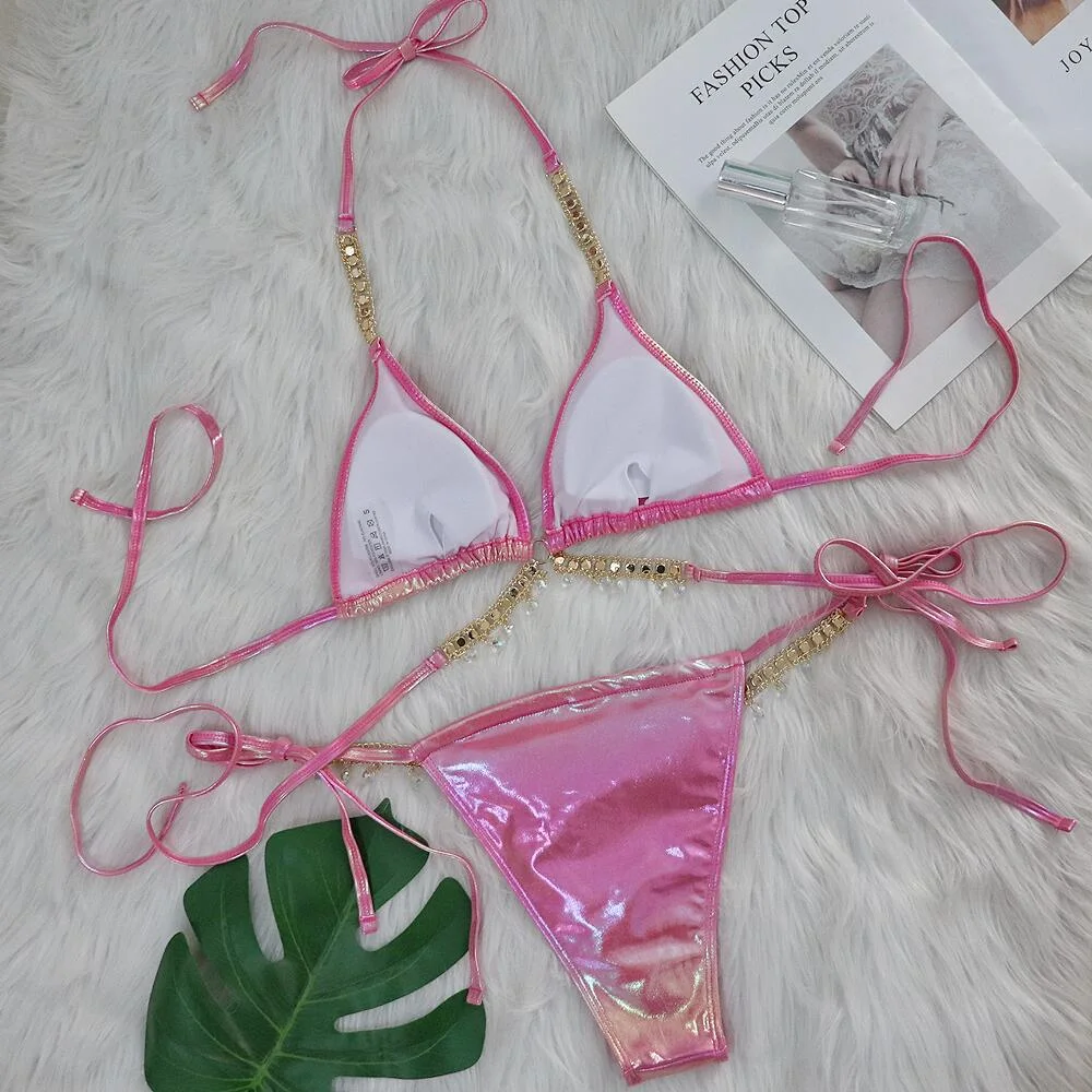 Uveng Uveng 2024 New Crystal Diamond Bikini Sexy Perm Gold Strap Female Split Swimsuit Swimsuit