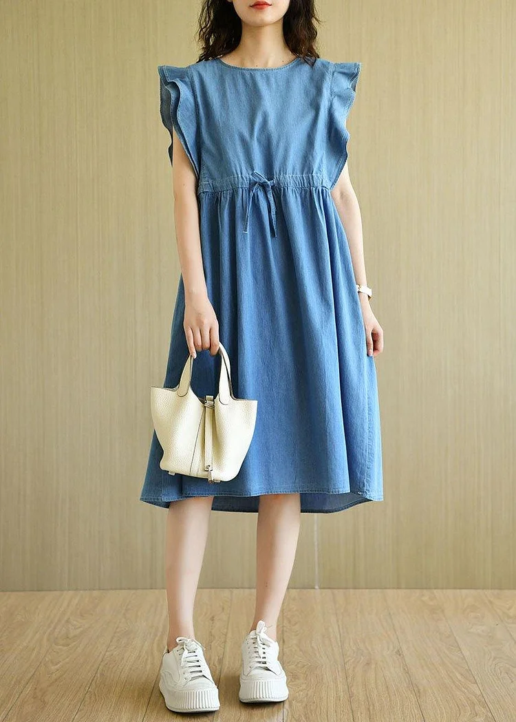 Denim Blue Loose Butterfly Sleeve Summer Cotton Dress