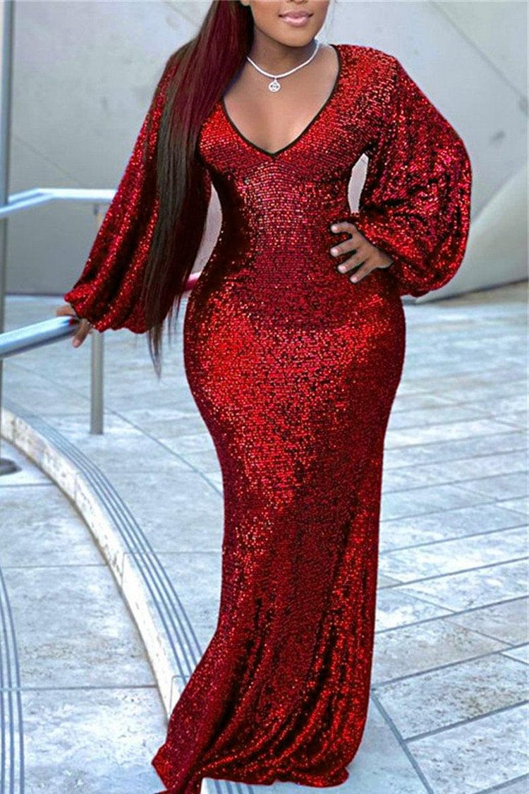 Xpluswear Plus Size Black V Neck Sequin Hubble-Bubble Sleeve Maxi Dress