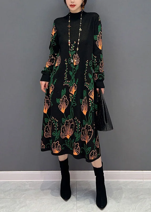 Boutique Black Hign Neck Print Knit Dresses Winter