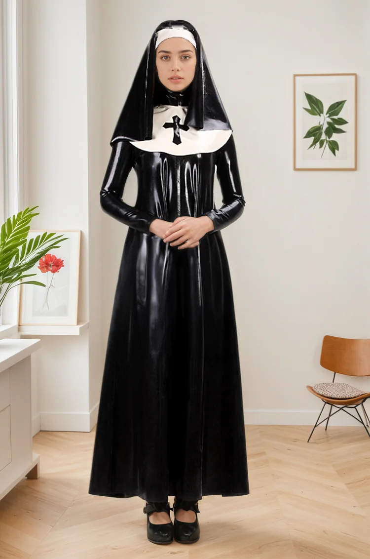 Women Latex Dress The Confession Obsession Nun Costume Cross Gown Headpiece Set